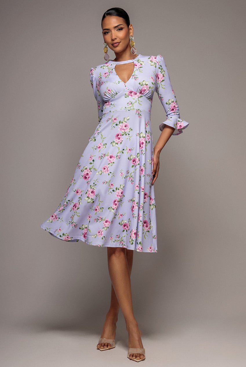 Goddiva Floral Printed Flared Sleeve Midi – Lilac