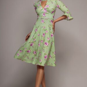 Goddiva Floral Printed Flared Sleeve Midi - Sage Green
