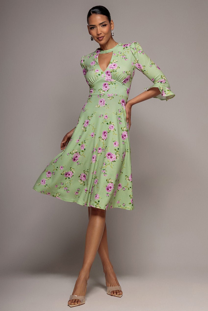 Goddiva Floral Printed Flared Sleeve Midi – Sage Green