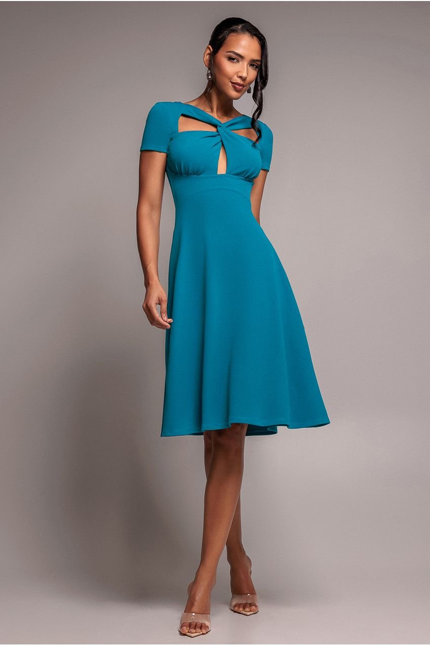 Goddiva Scuba Crepe Twist Cutout Midi Dress – Teal Blue