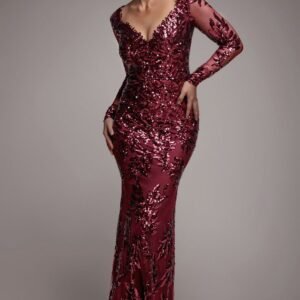 Goddiva Sequin Leaf Long Sleeve Maxi Dress - Burgundy
