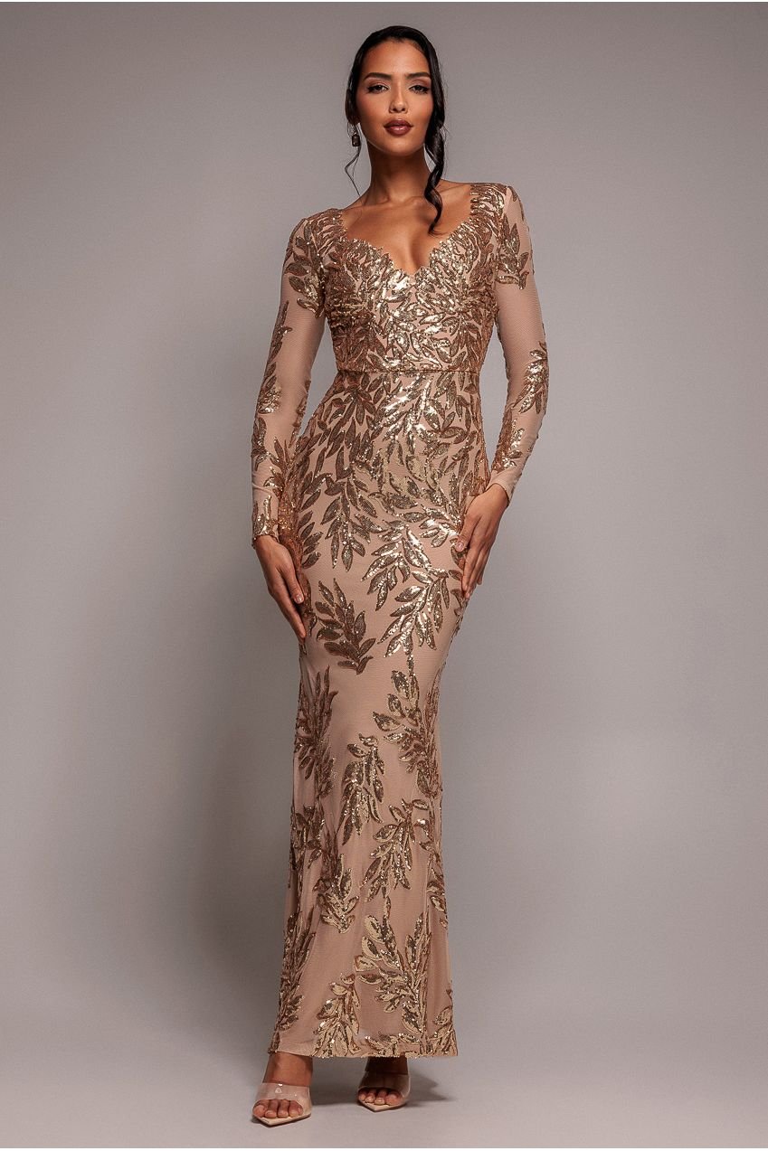 Goddiva Sequin Leaf Long Sleeve Maxi Dress – Gold