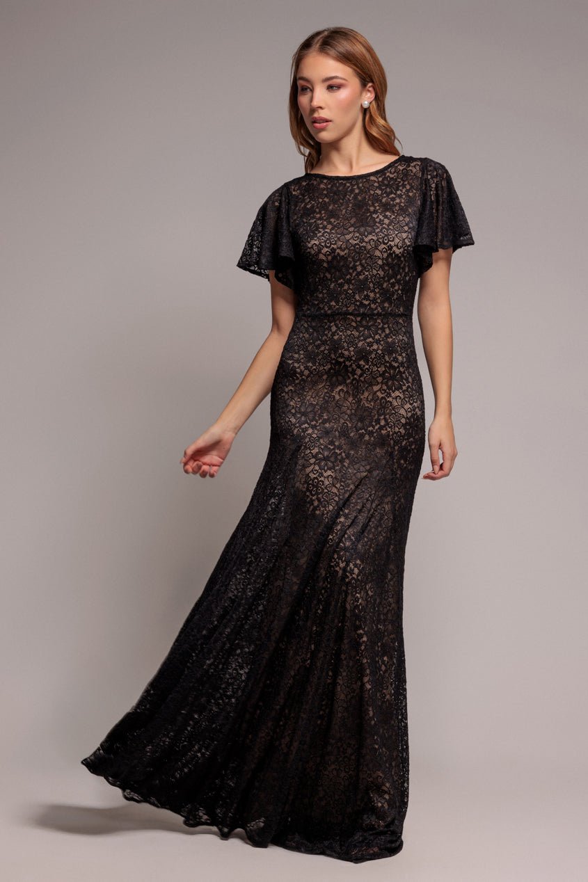 Goddiva Flutter Sleeve Lace A-Line Maxi Dress – Black