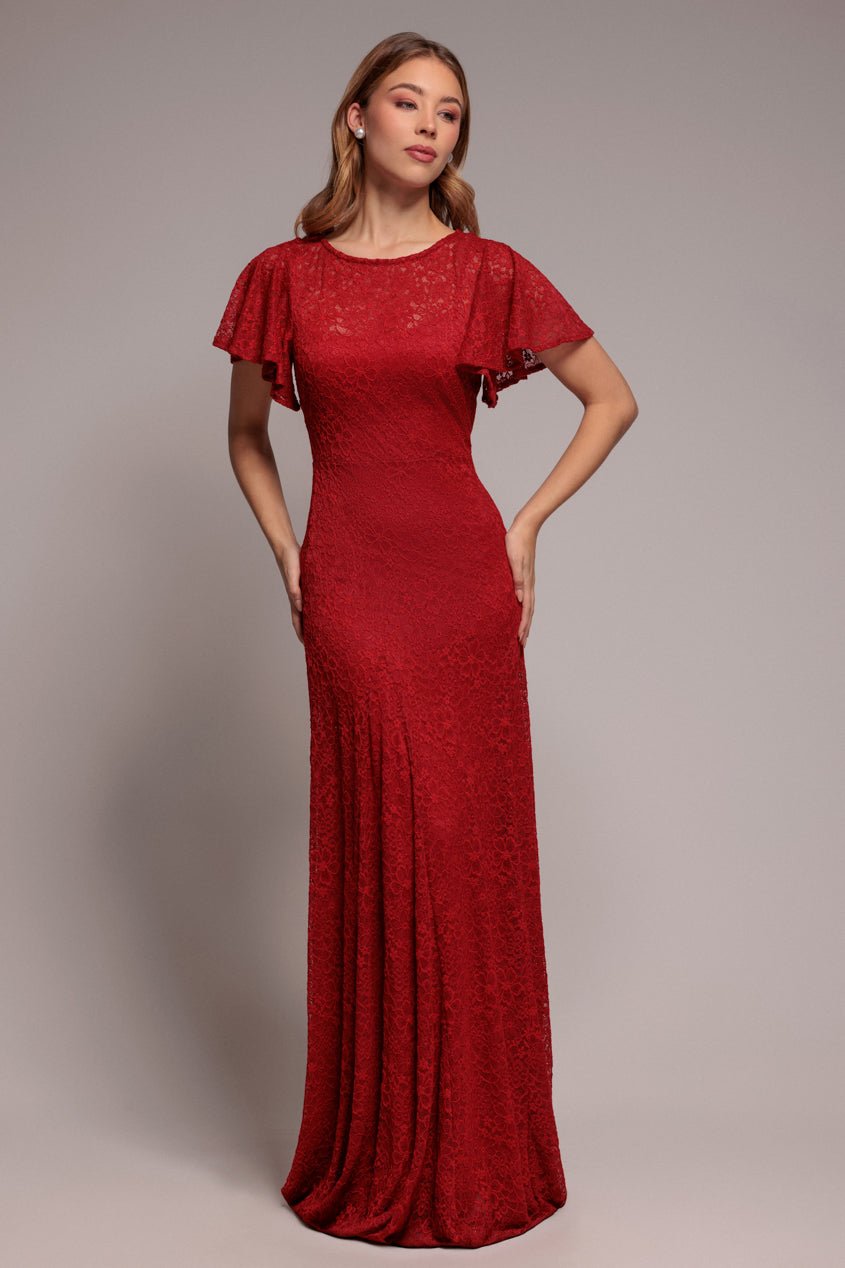 Goddiva Flutter Sleeve Lace A-Line Maxi Dress – Red
