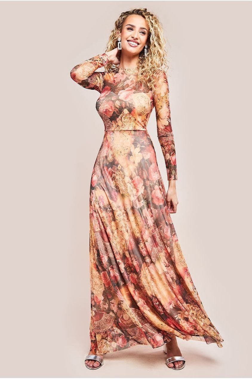 Goddiva Printed Soft Mesh A-Line Maxi Dress – Orange