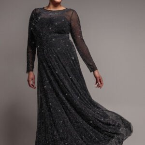 Goddiva Plus Hotfix Diamante Mesh A-Line Long Sleeve Maxi Dress - Black