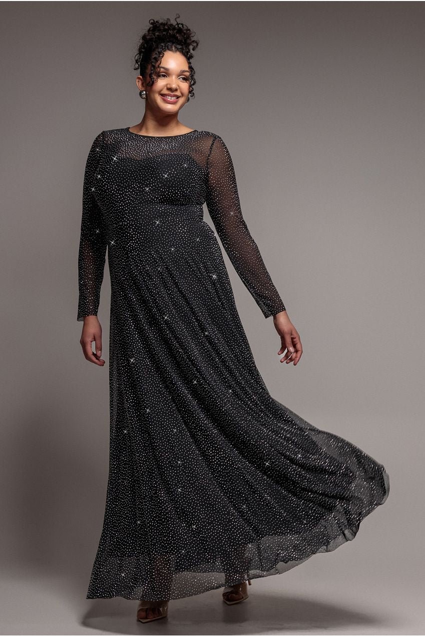 Goddiva Plus Hotfix Diamante Mesh A-Line Long Sleeve Maxi Dress – Black