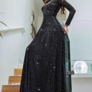 Goddiva Hotfix Diamante Mesh A-Line Long Sleeve Maxi Dress - Black