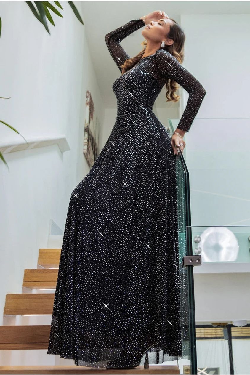 Goddiva Hotfix Diamante Mesh A-Line Long Sleeve Maxi Dress – Black