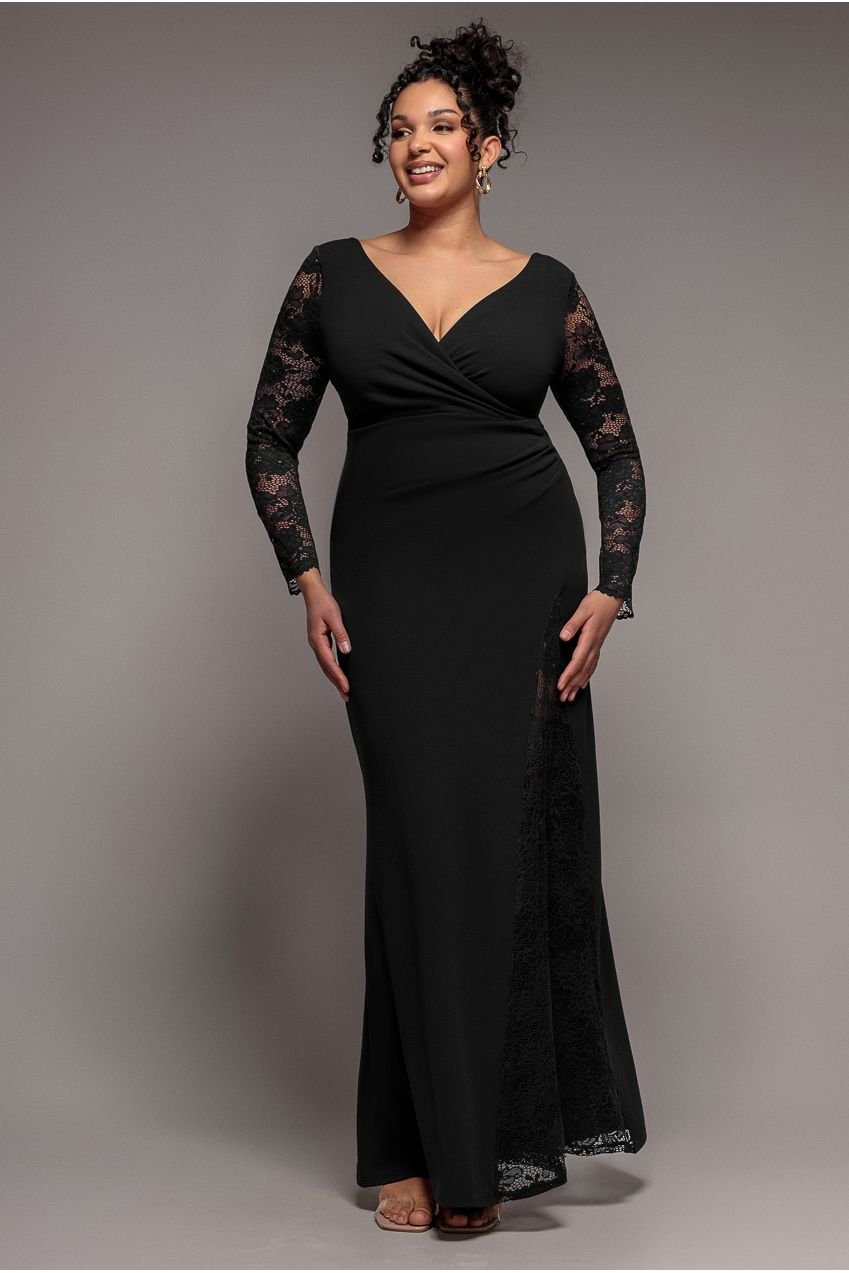 Goddiva Plus Scuba & Lace Wrap Maxi Dress – Black