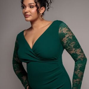 Goddiva Plus Scuba & Lace Wrap Maxi Dress - Emerald