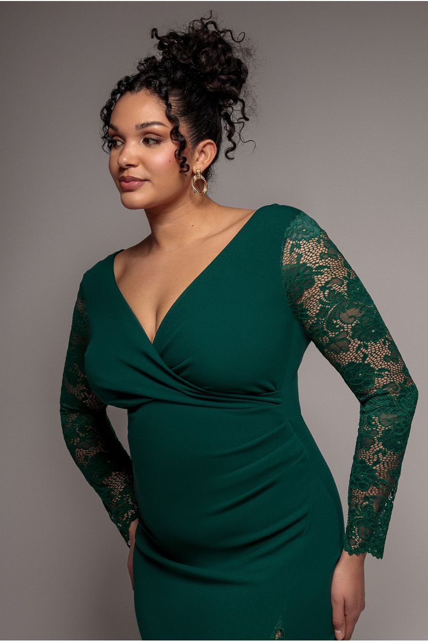 Goddiva Plus Scuba & Lace Wrap Maxi Dress – Emerald