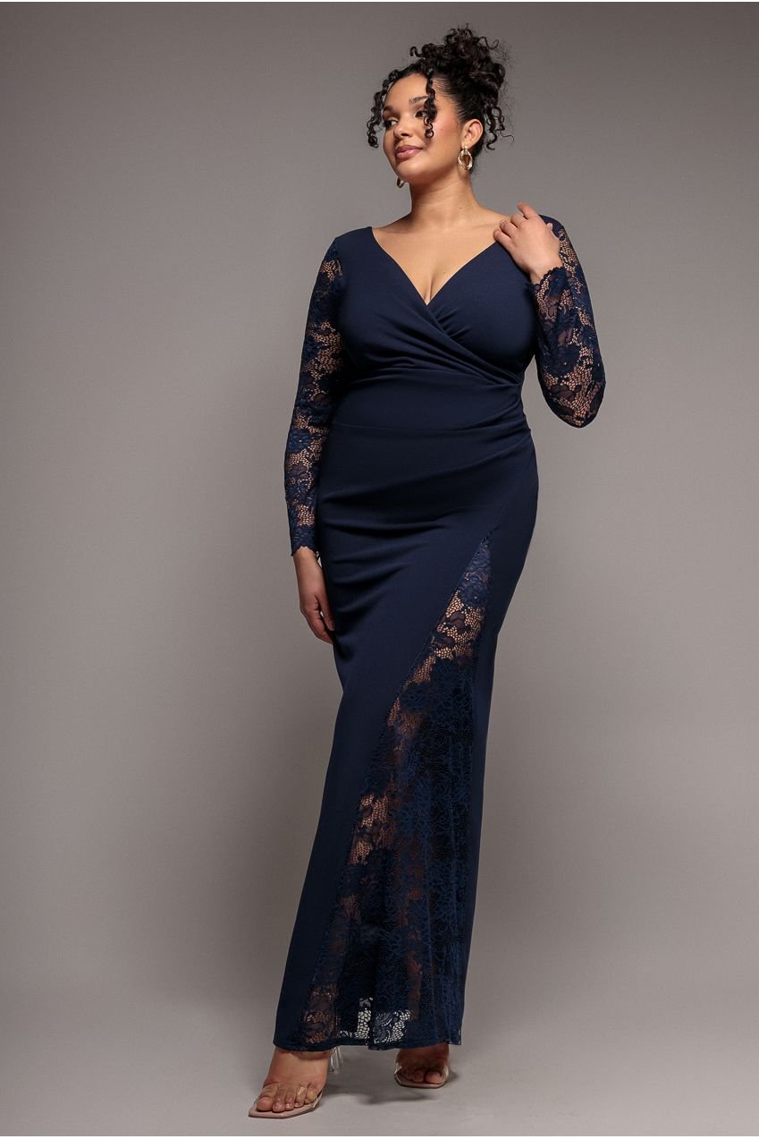 Goddiva Plus Scuba & Lace Wrap Maxi Dress – Navy Blue