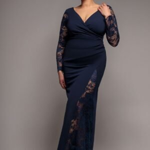 Goddiva Plus Scuba & Lace Wrap Maxi Dress - Navy Blue
