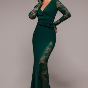 Goddiva Scuba & Lace Wrap Maxi Dress - Emerald