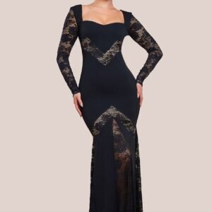 Goddiva Scuba & Lace Long Sleeve Maxi Dress - Black