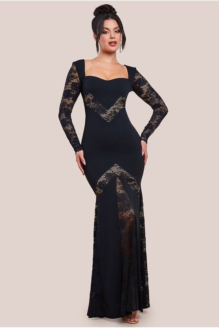 Goddiva Scuba & Lace Long Sleeve Maxi Dress – Black