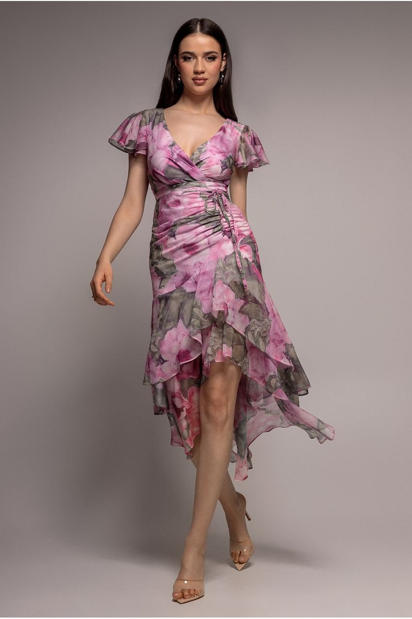 Goddiva Floral Wrap High And Low Midaxi Dress – Blush