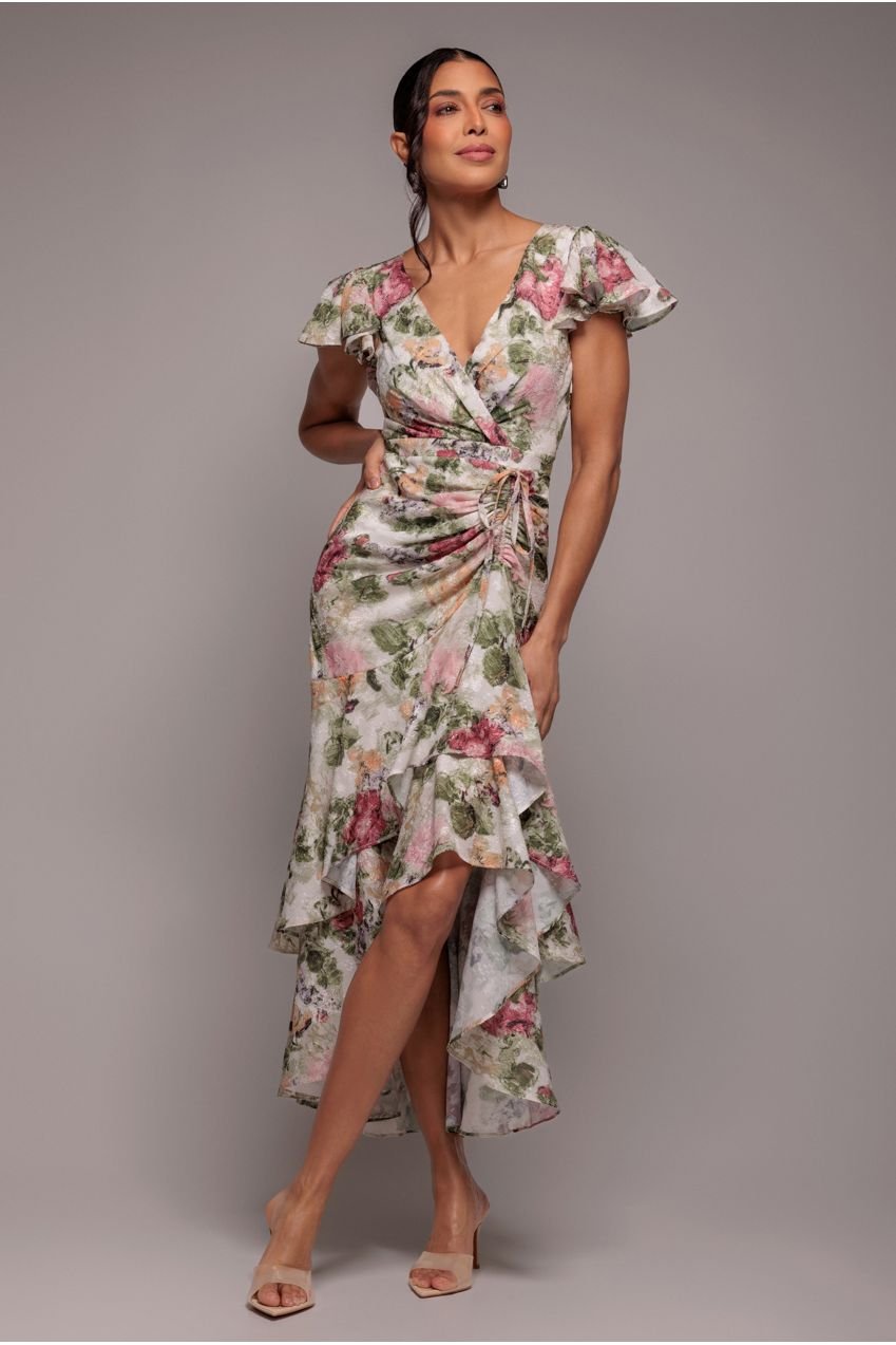 Goddiva Floral Wrap High And Low Midaxi Dress – Cream
