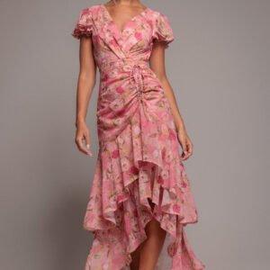 Goddiva Floral Wrap High And Low Midaxi Dress - Pink