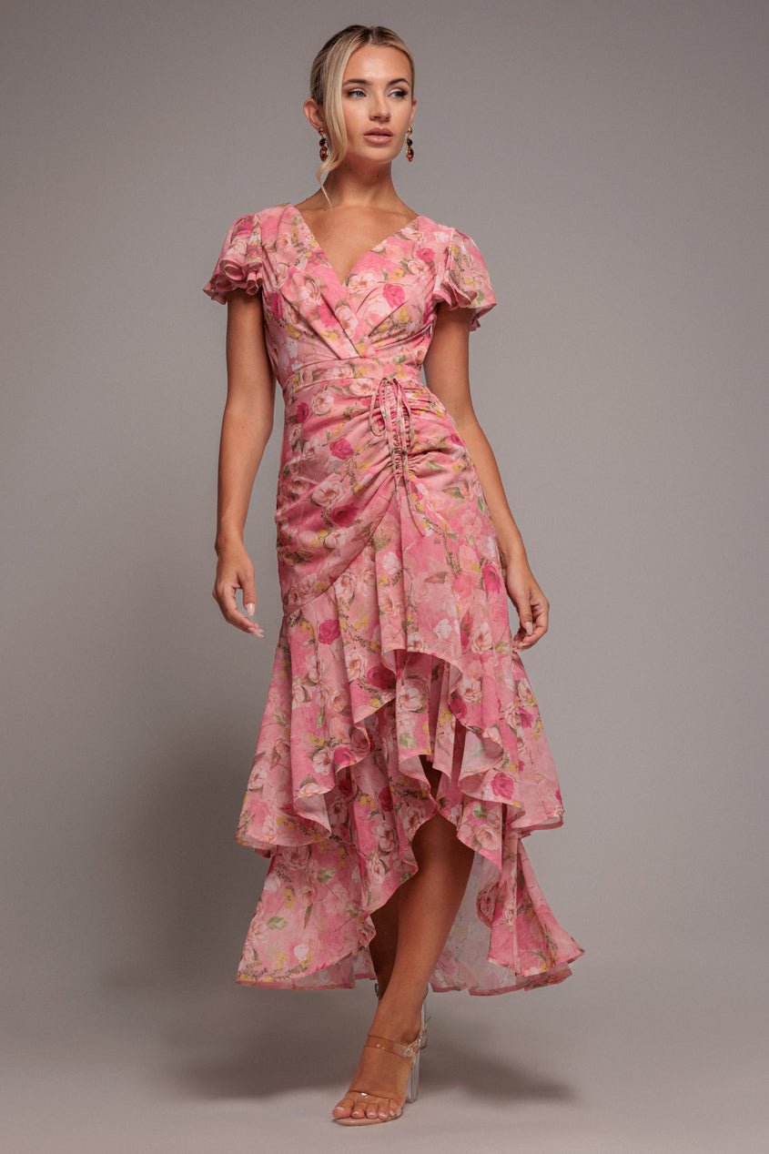 Goddiva Floral Wrap High And Low Midaxi Dress – Pink