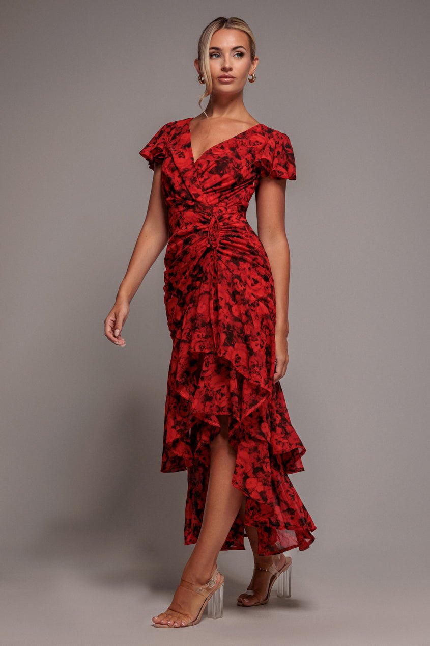 Goddiva Floral Wrap High And Low Midaxi Dress – Red