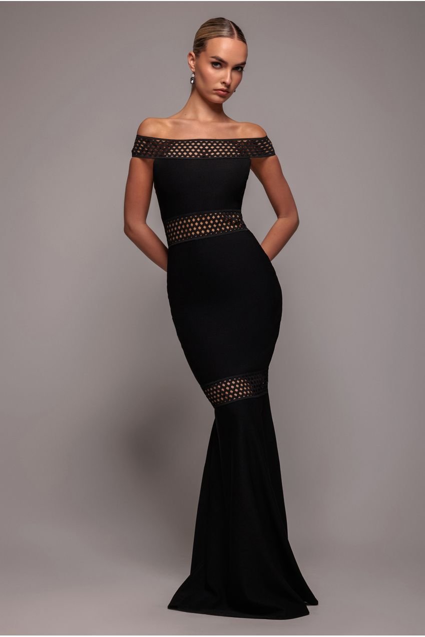 Goddiva Off The Shoulder Ribbed Bodycon Maxi Dress – Black