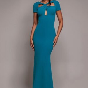 Goddiva Scuba Crepe Twist Cutout Maxi Dress - Teal Blue