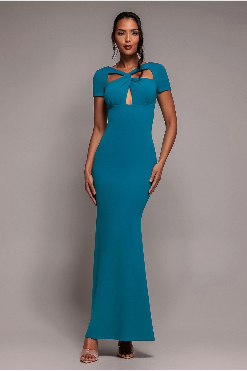 Goddiva Scuba Crepe Twist Cutout Maxi Dress – Teal Blue