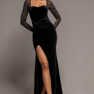 Goddiva Hotfix Diamante Sleeve Front Split Velvet Maxi Dress - Black