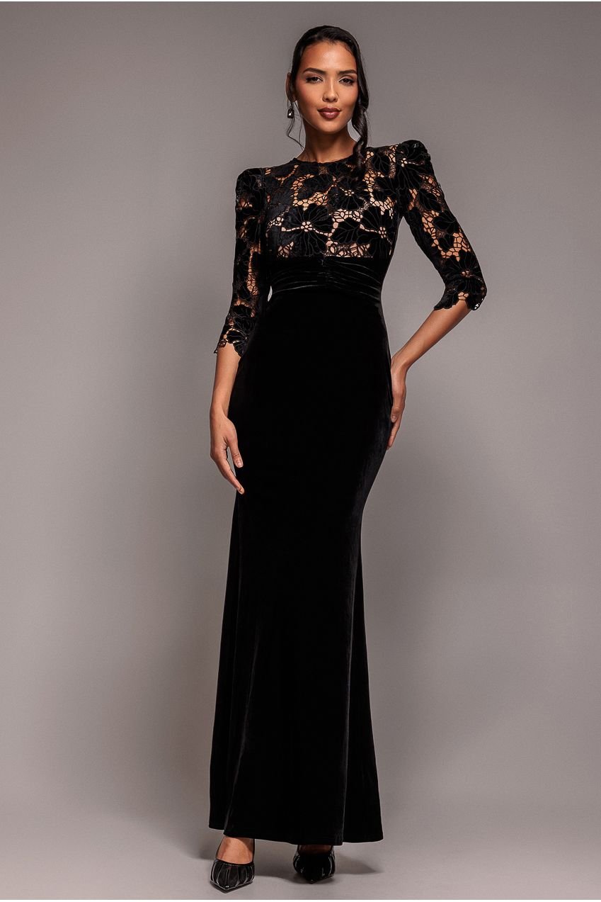 Goddiva Scalloped Velvet Crochet Maxi Dress – Black