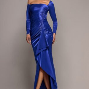 Goddiva Slinky Satin One Shoulder Split Maxi Dress - Royal Blue