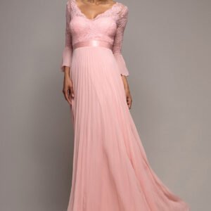 Goddiva Scalloped Lace Bodice Pleated Chiffon A Line Maxi Dress - Blush Pink