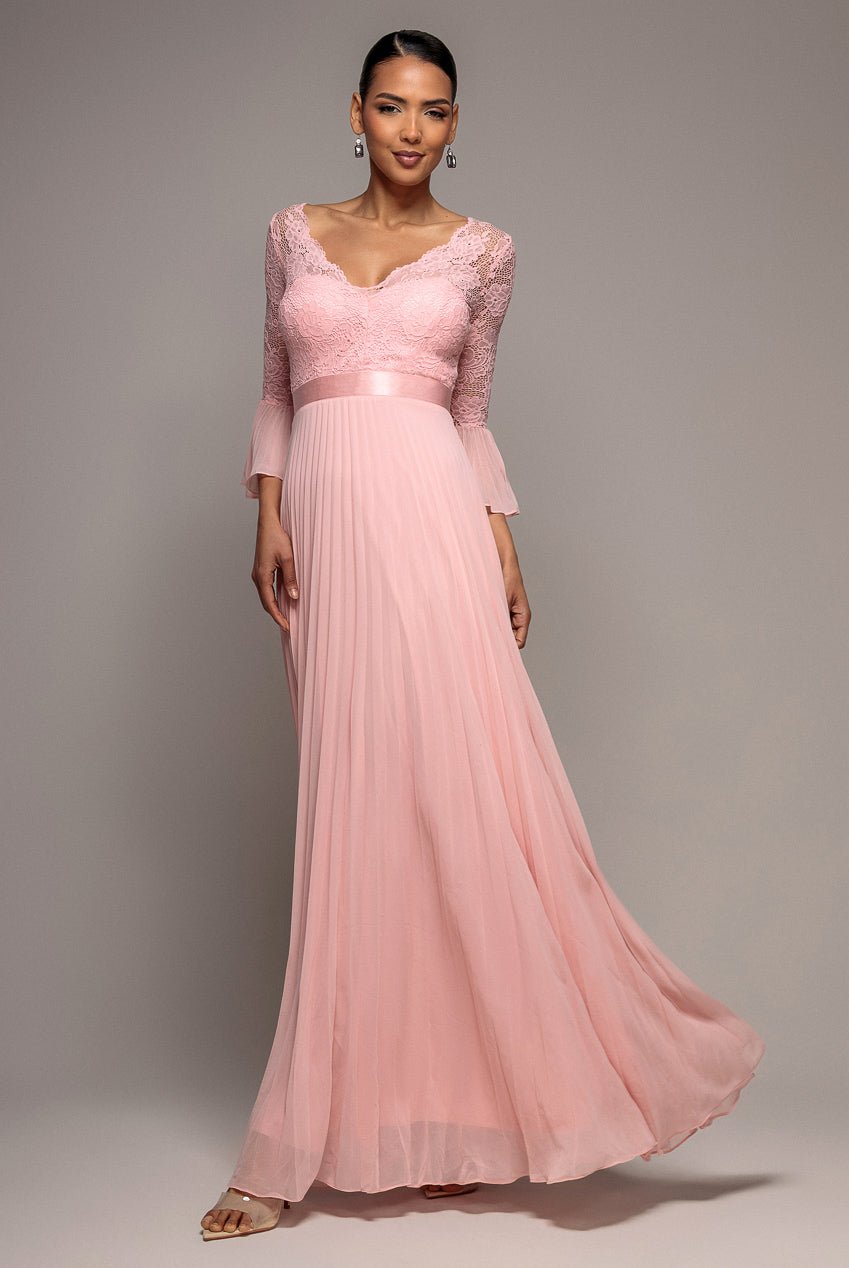Goddiva Scalloped Lace Bodice Pleated Chiffon A Line Maxi Dress – Blush Pink