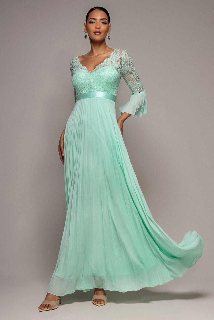 Goddiva Scalloped Lace Bodice Pleated Chiffon A Line Maxi Dress – Mint Green