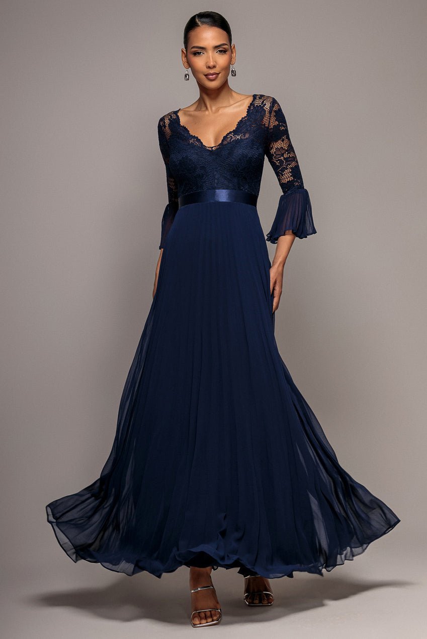 Goddiva Scalloped Lace Bodice Pleated Chiffon A Line Maxi Dress – Navy Blue