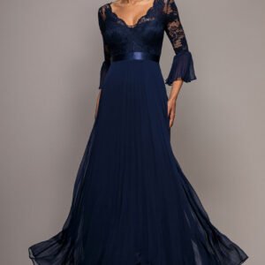 Goddiva Scalloped Lace Bodice Pleated Chiffon A Line Maxi Dress - Navy Blue