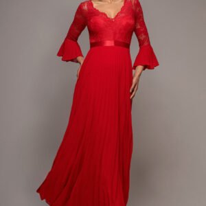 Goddiva Scalloped Lace Bodice Pleated Chiffon A Line Maxi Dress - Red