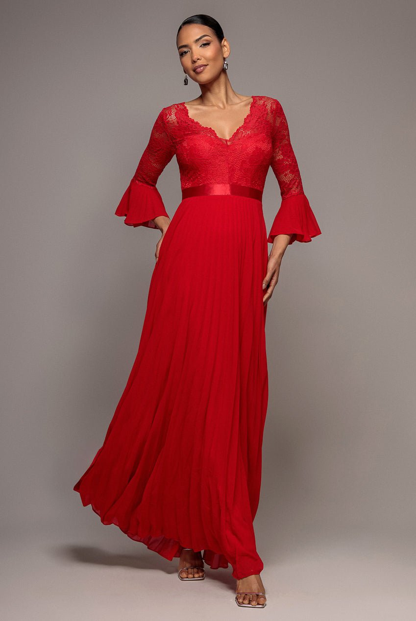 Goddiva Scalloped Lace Bodice Pleated Chiffon A Line Maxi Dress – Red