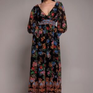 Goddiva Chiffon Wrap Border Floral Print Maxi Dress - Black
