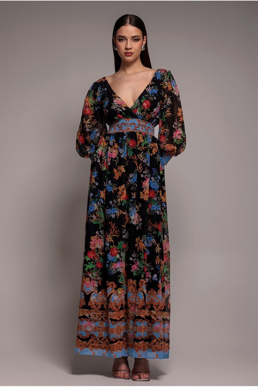 Goddiva Chiffon Wrap Border Floral Print Maxi Dress – Black