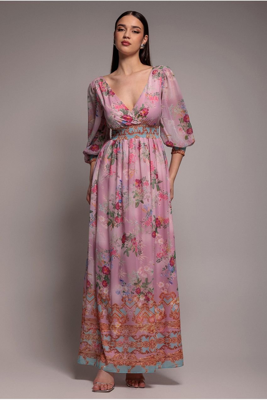 Goddiva Chiffon Wrap Border Floral Print Maxi Dress – Pink