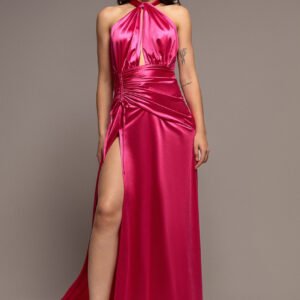 Goddiva Halter Neck Front Split Satin Maxi Dress - Magenta