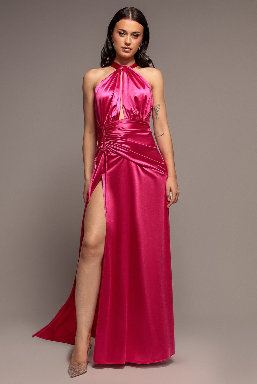 Goddiva Halter Neck Front Split Satin Maxi Dress – Magenta