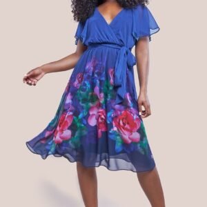 Goddiva Chiffon Floral Border Print Midi Dress - Navy