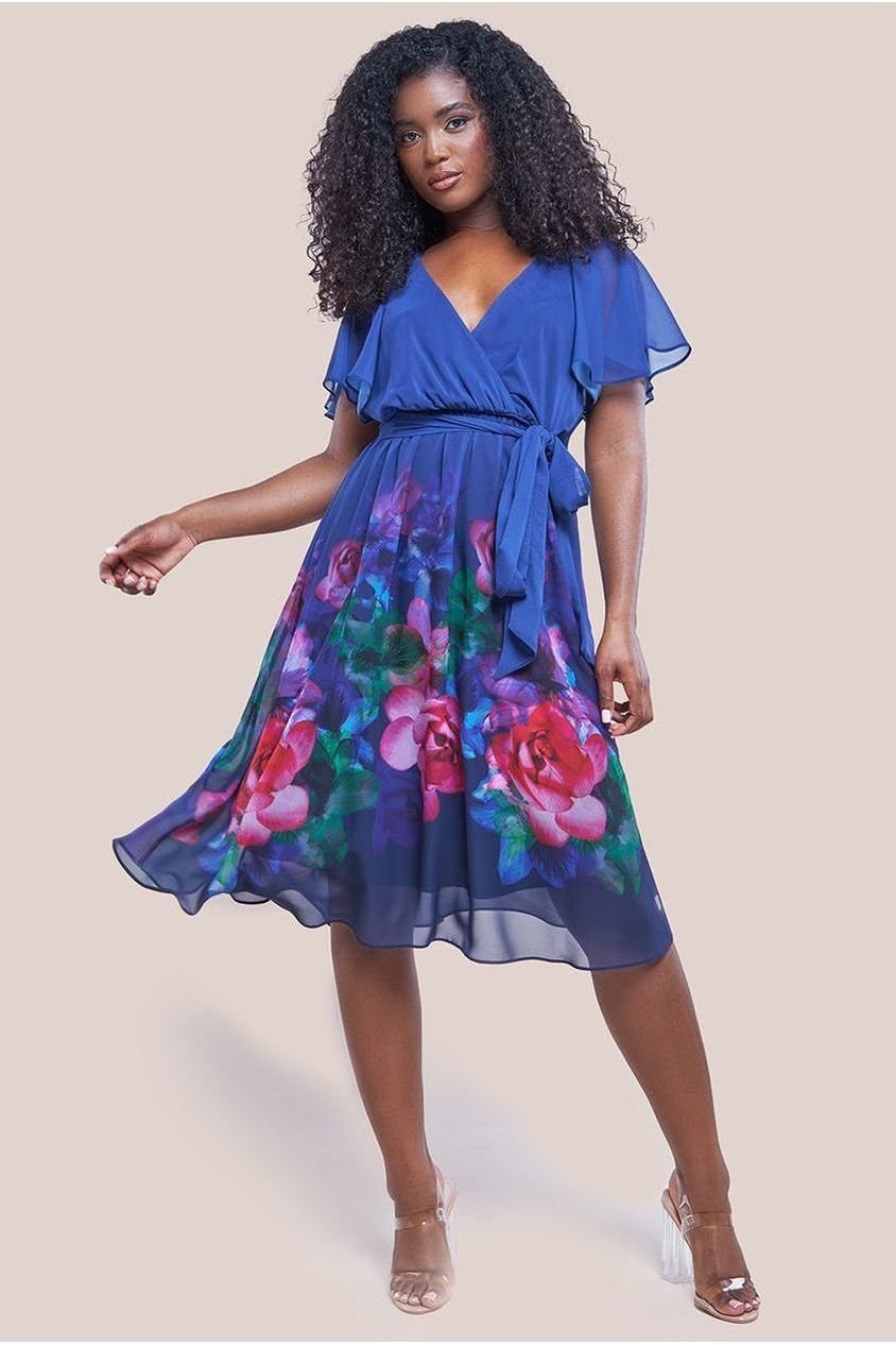 Goddiva Chiffon Floral Border Print Midi Dress – Navy