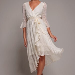 Goddiva Chiffon Geo-Wave Front Frill Wrap Midi Dress - Cream
