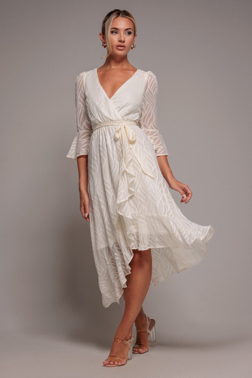 Goddiva Chiffon Geo-Wave Front Frill Wrap Midi Dress – Cream