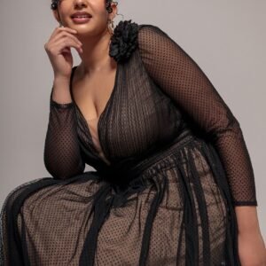 Goddiva Plus Corsage Dobby Mesh A-Line Maxi Dress - Black