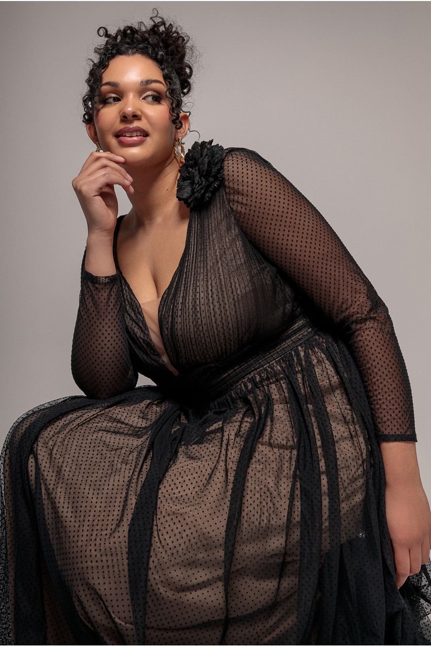 Goddiva Plus Corsage Dobby Mesh A-Line Maxi Dress – Black